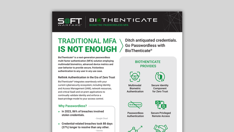 Advertisement for SOFTwarfare's BioAuthenticate. Features green and white design with icons for facial recognition, and more.