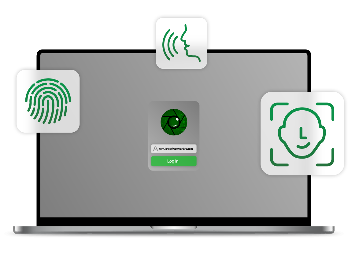 Laptop screen with login options: fingerprint, voice, and facial recognition.