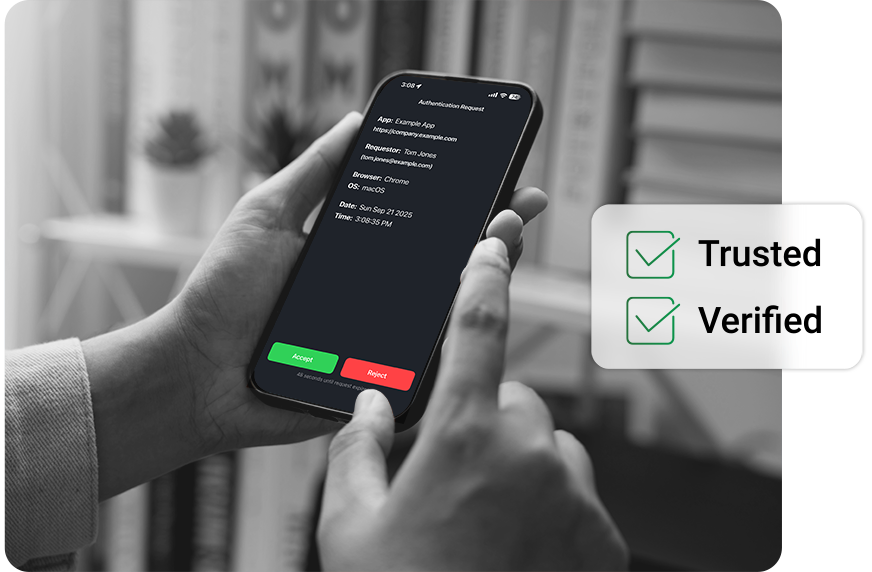 Hands holding a phone with a black screen displaying text and buttons. Check marks beside 