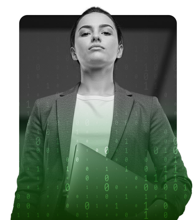 Businesswoman, looking determined, holding a laptop, with a background of binary code.