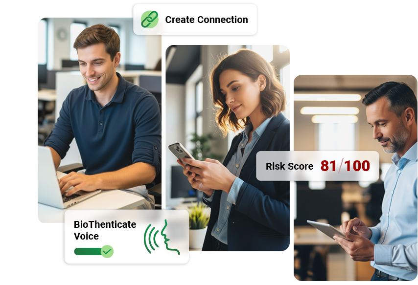 People using devices, with security indicators: