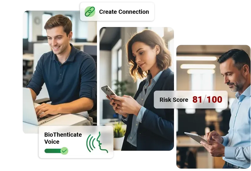 People using devices, with security indicators: