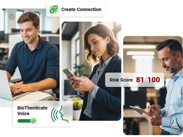 People using technology, with security features like voice authentication and risk scores.