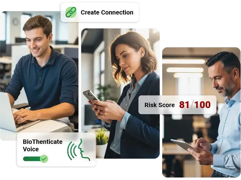 People using technology, with security features like voice authentication and risk scores.