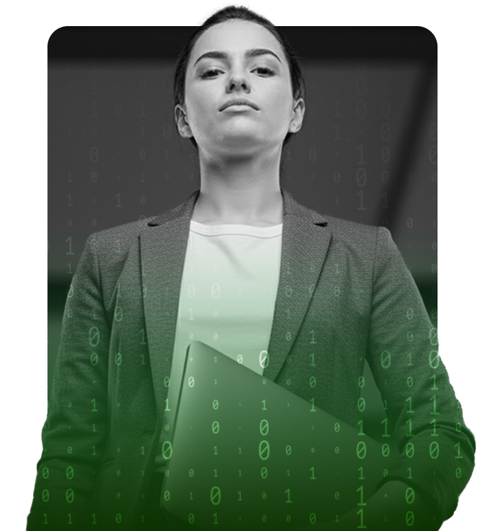 Woman in suit holds file, stern expression, overlaid with binary code, modern setting.