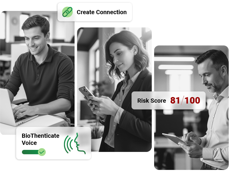 People using technology, with security features like voice authentication and risk scores.