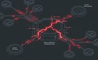 Diagram of Oracle Identity Manager core and connected systems, with red lightning effect.
