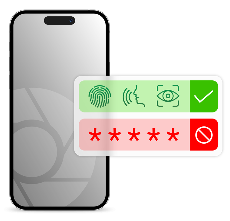 Smartphone with unlock options: fingerprint, voice, face, and password.