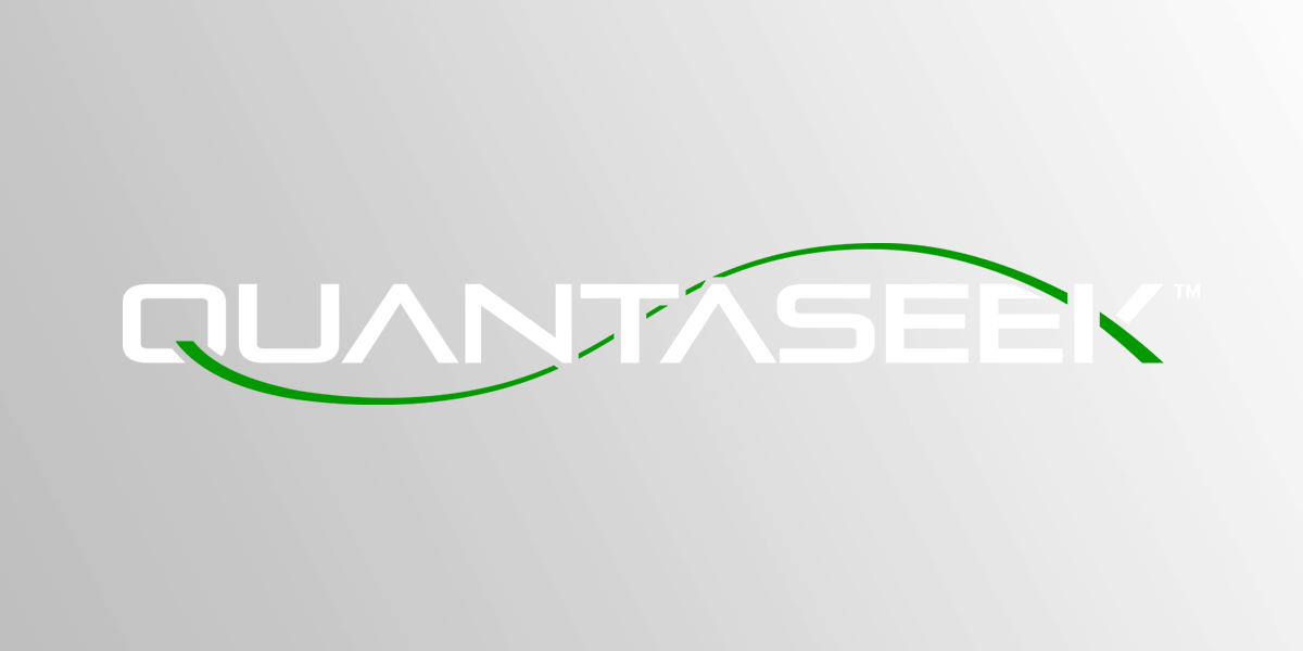 Logo for QuantaSeek, white text with a green wave on a gradient gray background.