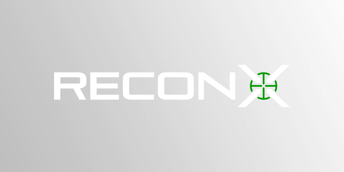 RECON X logo with white text and a green target symbol on a gray gradient background.