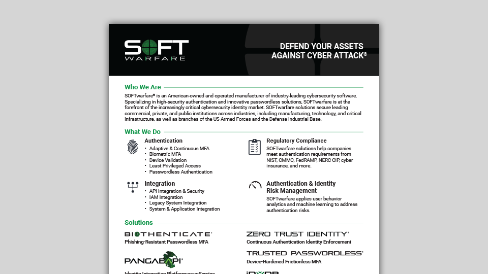 Flyer for Soft Warfare, a cybersecurity company, with product features and partner logos.