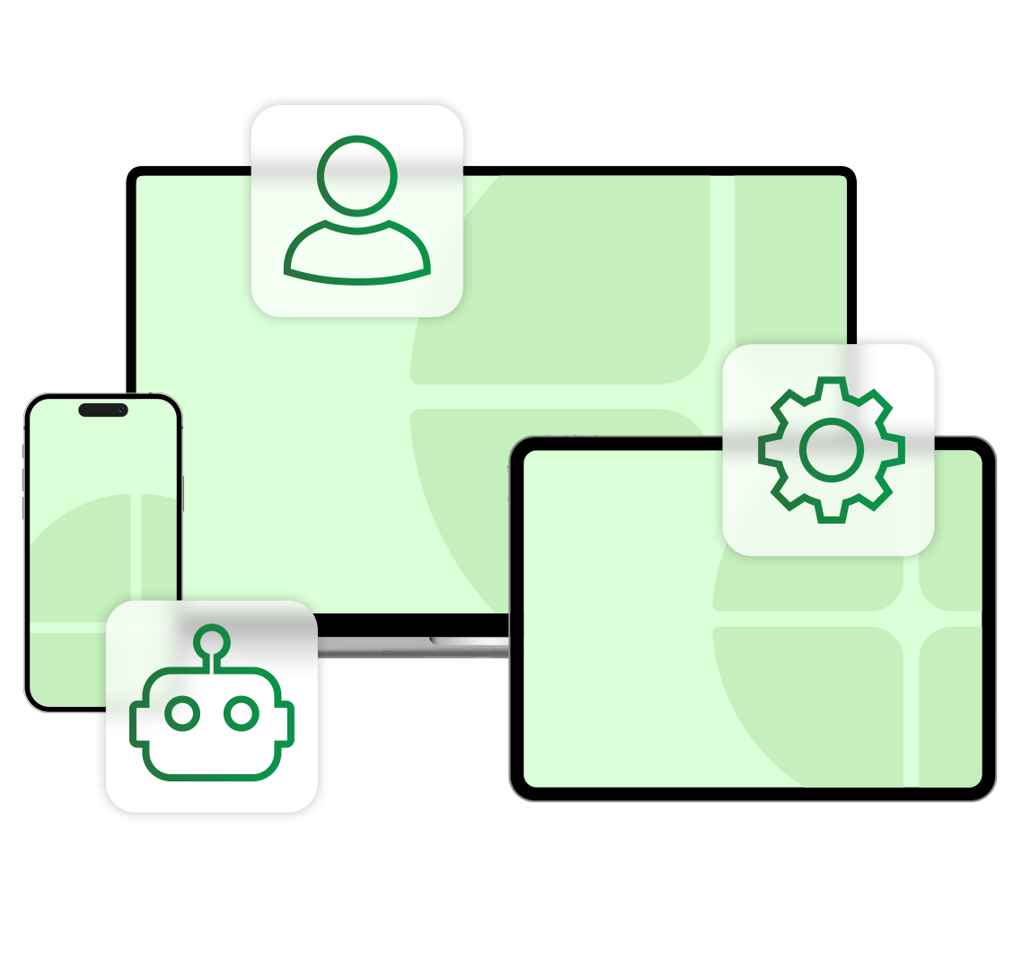Digital devices (phone, tablet, laptop) with user, bot, and settings icons, all in green and white.