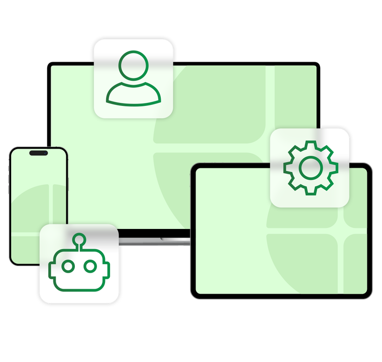 Devices (phone, laptop, tablet) with icons of a person, bot, and settings, representing connected technology.