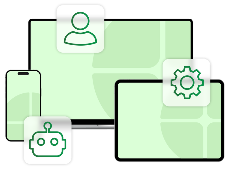 Devices (phone, laptop, tablet) with icons of a person, bot, and settings, representing connected technology.