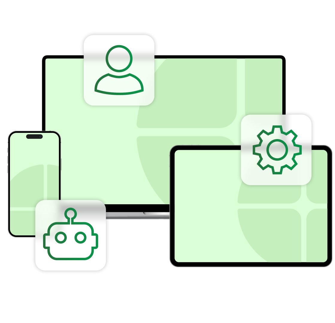 Digital devices (phone, tablet, laptop) with user, bot, and settings icons, all in green and white.