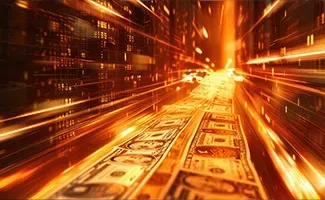 Fast-moving US dollar bills streak through a cityscape, rendered with orange light effects.