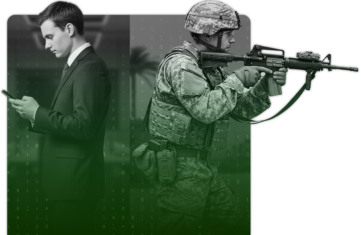 Man in suit on phone next to soldier aiming a rifle in a desert-like setting.