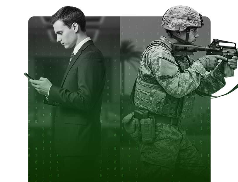 Man in suit using phone next to soldier holding rifle in camo gear, with a green overlay.