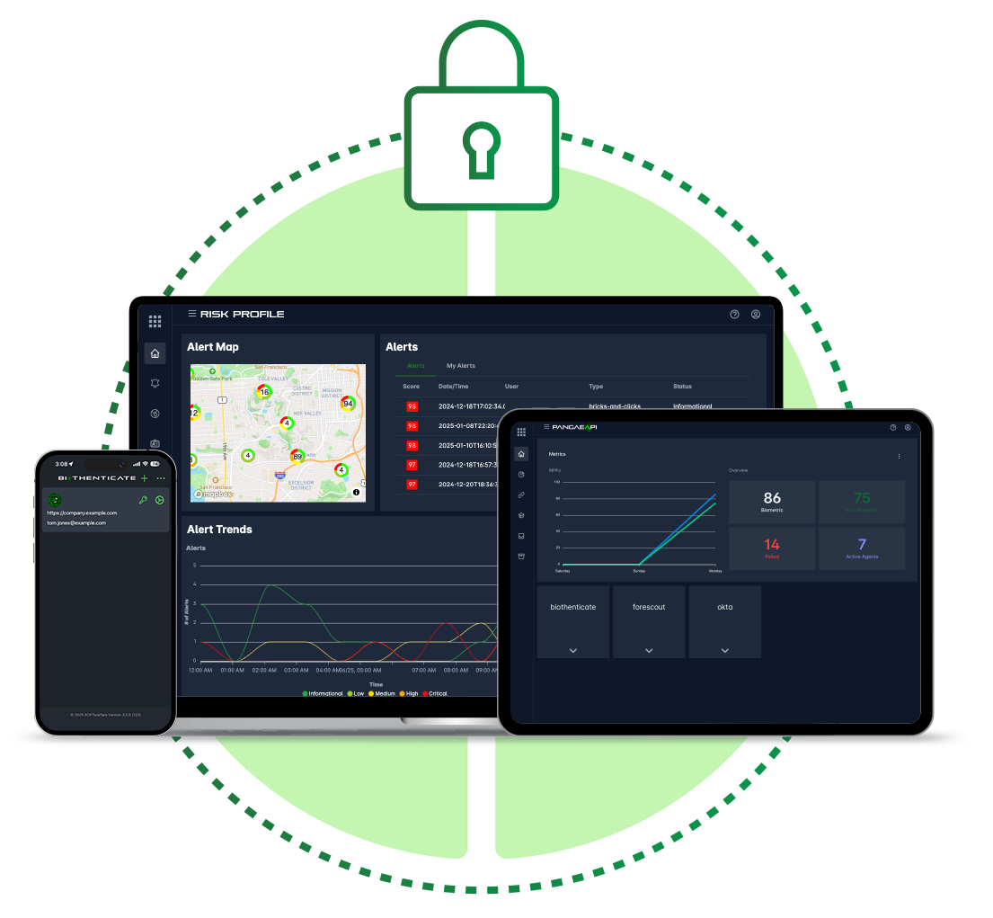 Screens with data display, smartphone, laptop, and tablet, with a green security lock and circle around them.