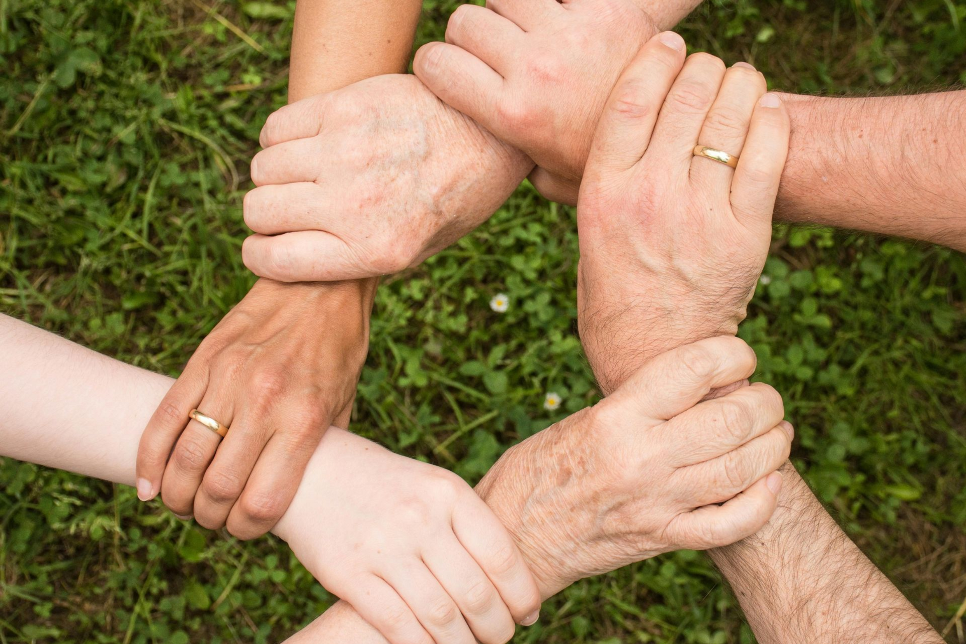 Hands of diverse people clasped together in a circle, symbolizing unity and support.