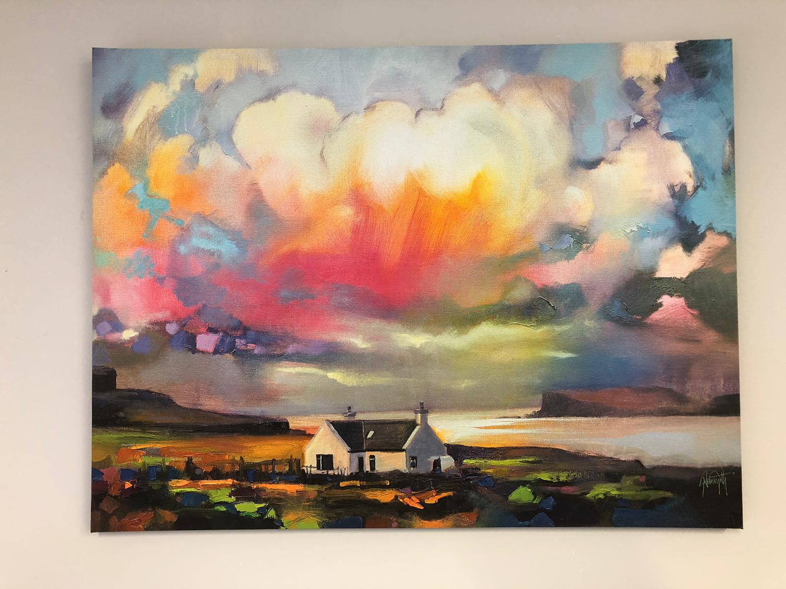 A painting of a house in the middle of a field with a cloudy sky in the background. Dramatherapy Ireland