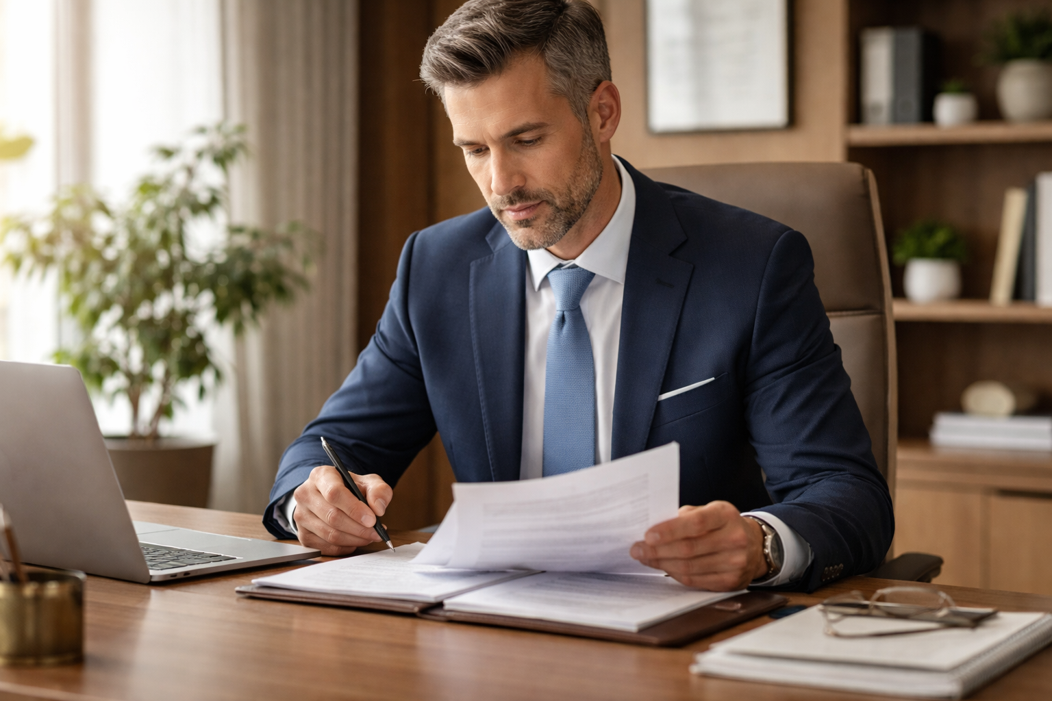 A professional in a suit sits at a desk reviewing documents and writing notes in a bright, modern home office.