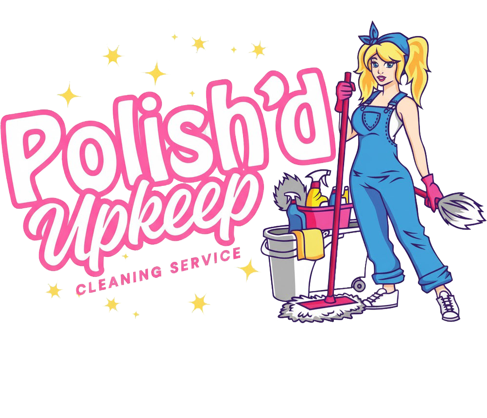 Logo for Polish'd Upkeep Cleaning Service with a blonde woman in overalls holding a mop. Pink text with cleaning supplies.