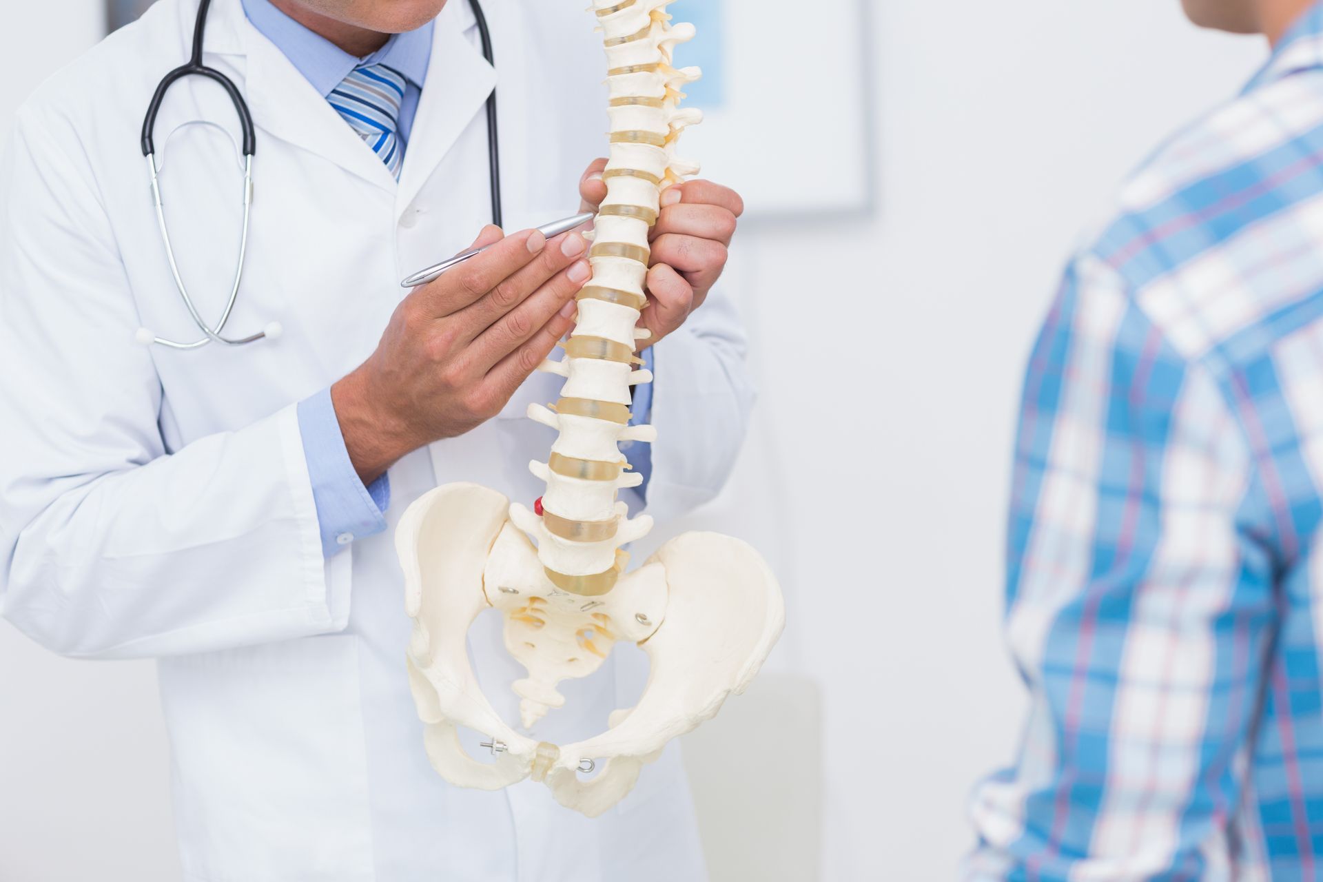 A doctor is holding a model of a spine in front of a patient.