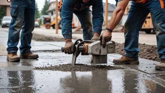 A group of construction workers, using concrete,  are working on a sidewalk.