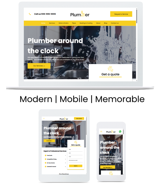 A plumber around the clock website is displayed on a laptop , tablet , and phone.
