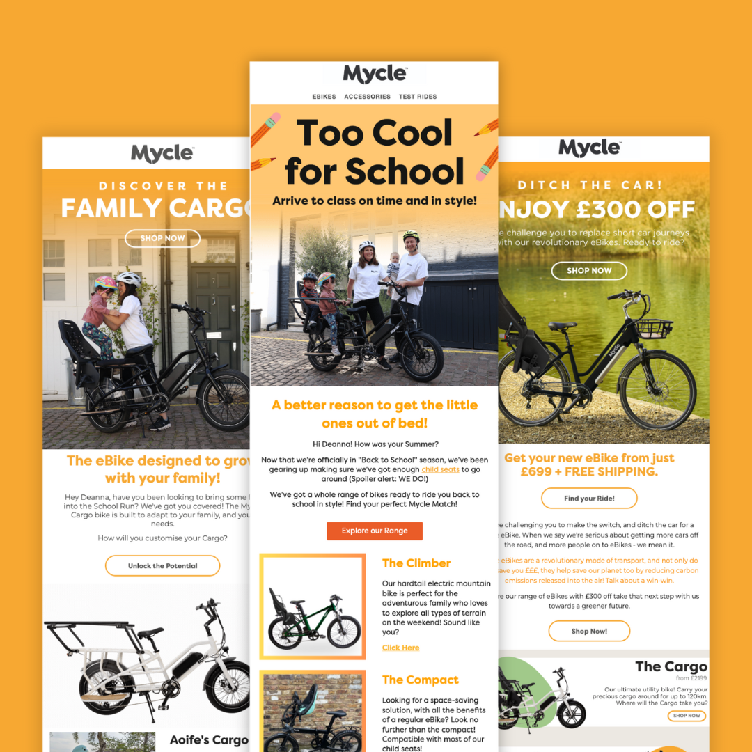 eBike brand Mycle and examples of their email campaigns, created by SendZest.