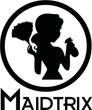 A maidtrix cleaning services logo with a woman holding a vacuum cleaner.