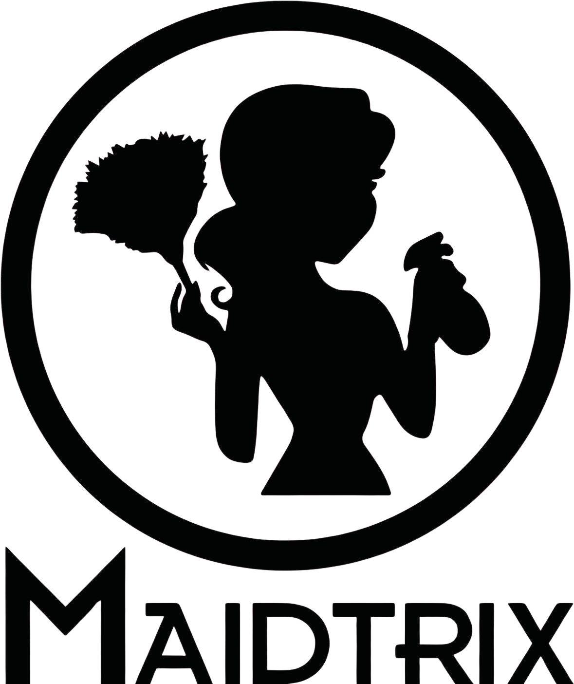 A maidtrix cleaning services logo with a woman holding a vacuum cleaner.