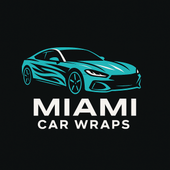 A logo for miami car wraps with a blue car on a black background.