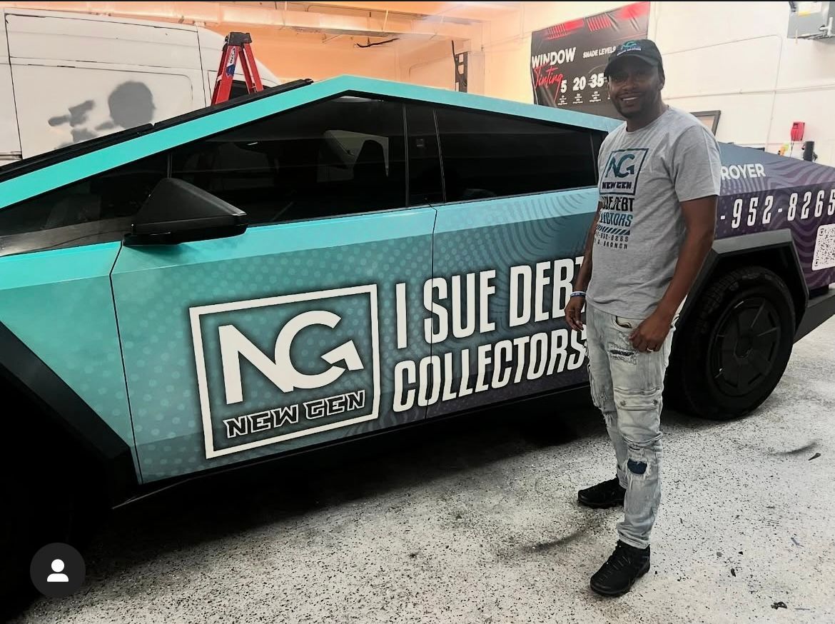 A man is standing in front of a car that says i sue deb collectors