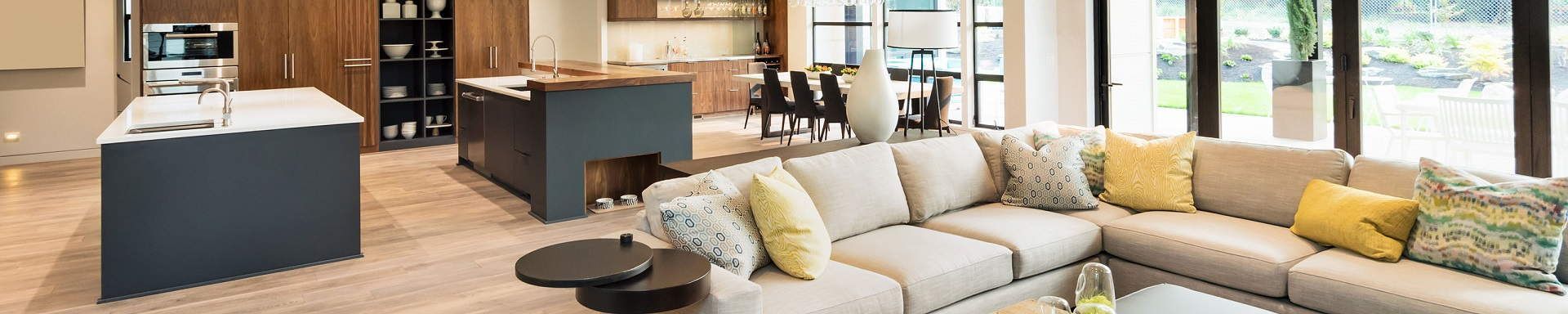 Modern open-concept living space featuring a kitchen and sofa