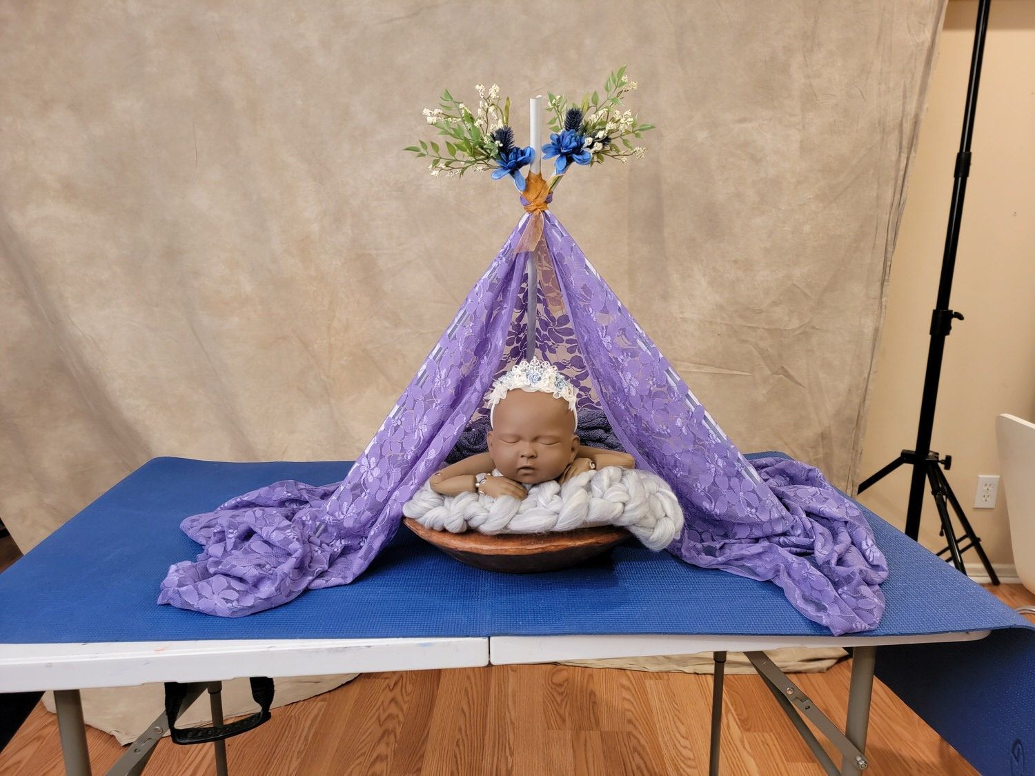 DIY Boho Newborn tent set up with Stand In Baby as a model