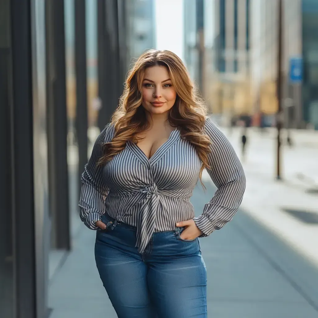 Curvy woman in urban setting wearing jeans and a striped blouse.