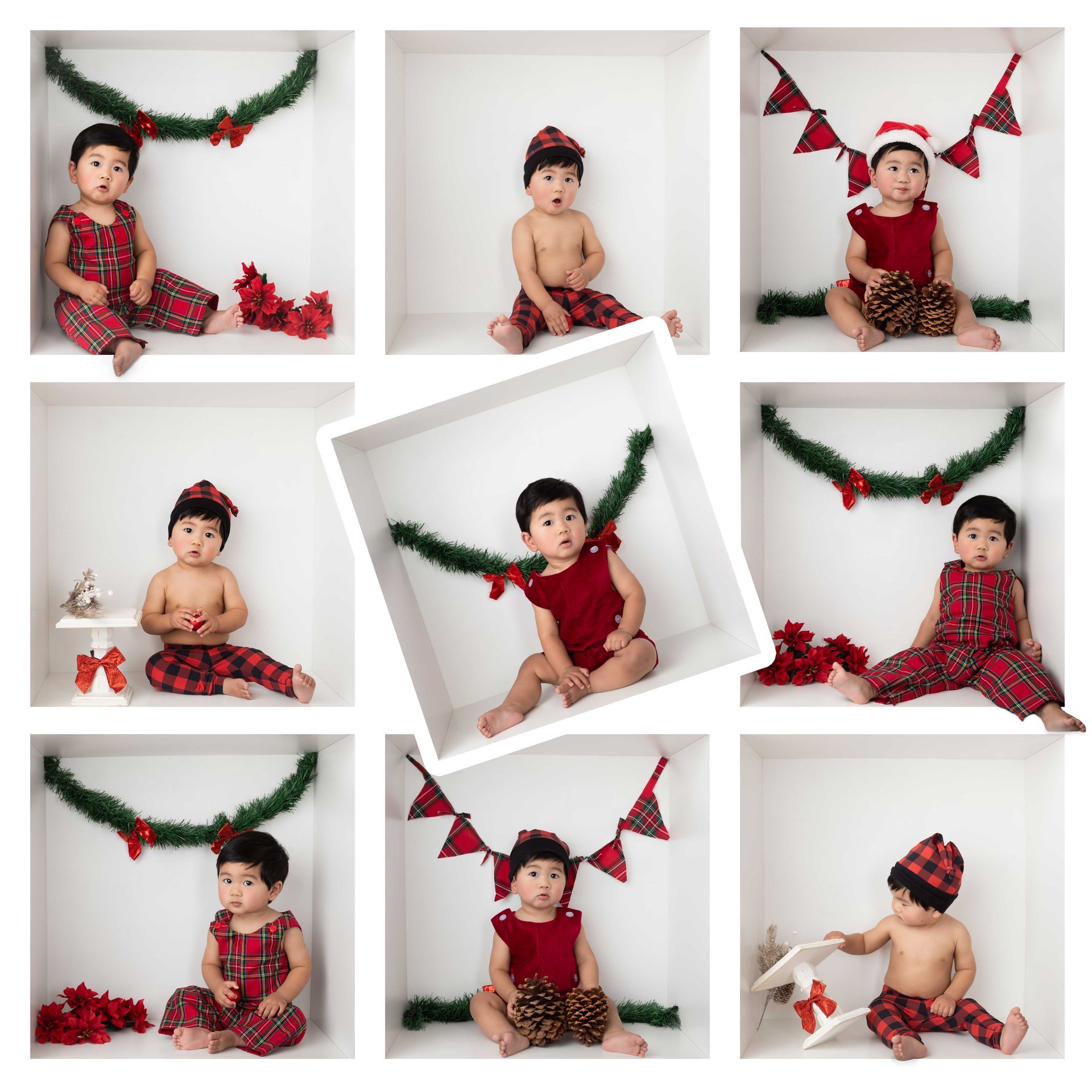 Series of 9 images in a box of a cute baby