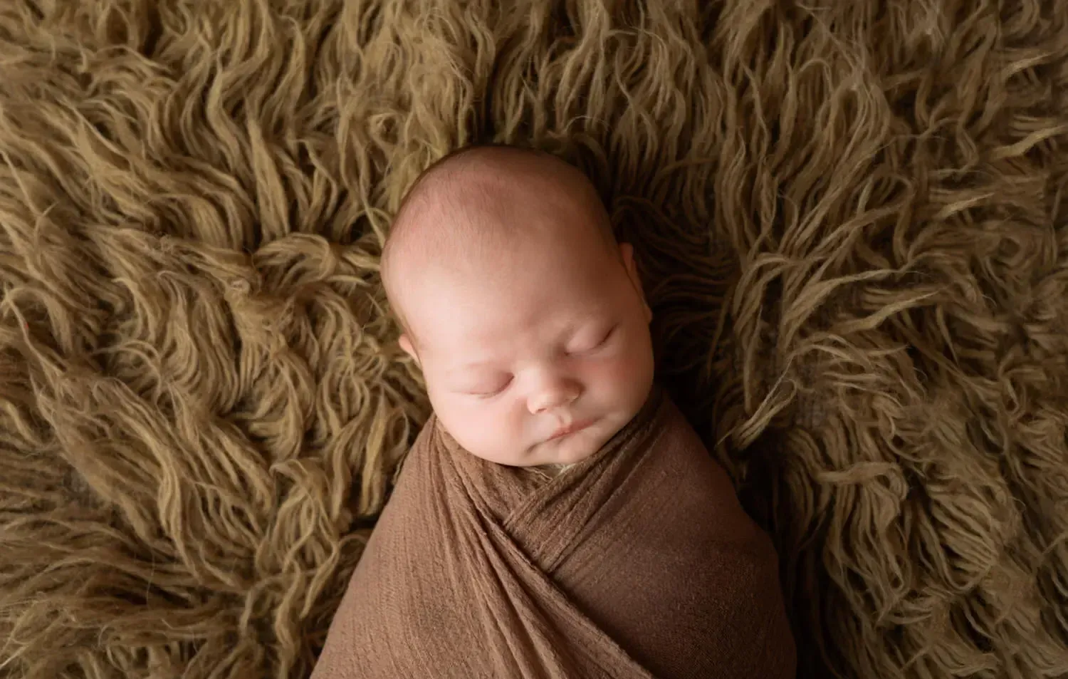 Newborn boy wrapped on golden brown flokati. No Hat.