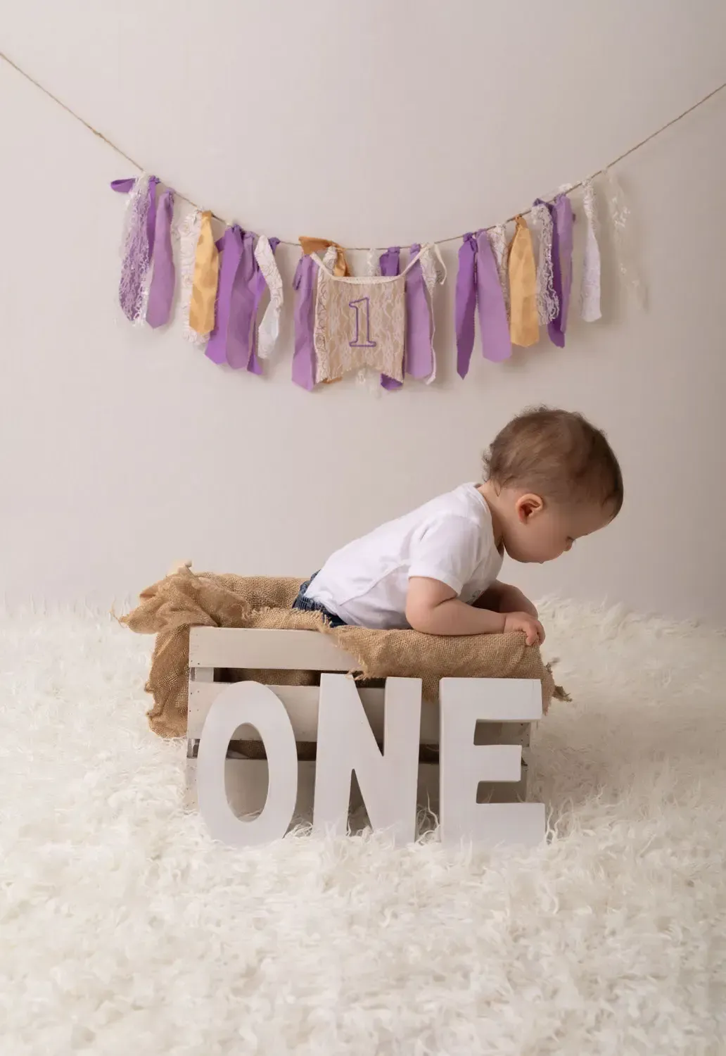 LIttle girl in t shirt and jeans in wooden cratte. O N E is around her. First Birthday Photo Shoot.