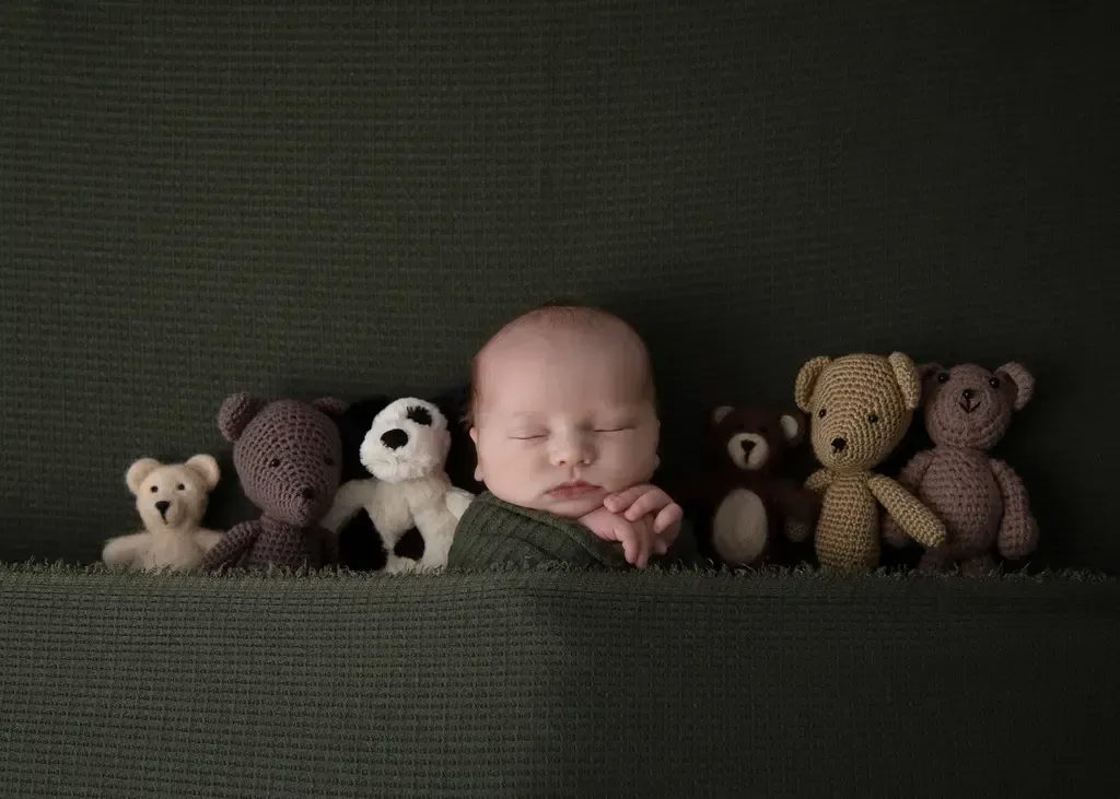 Newborn boy tucked in dark green bed with stuffies on each side.
