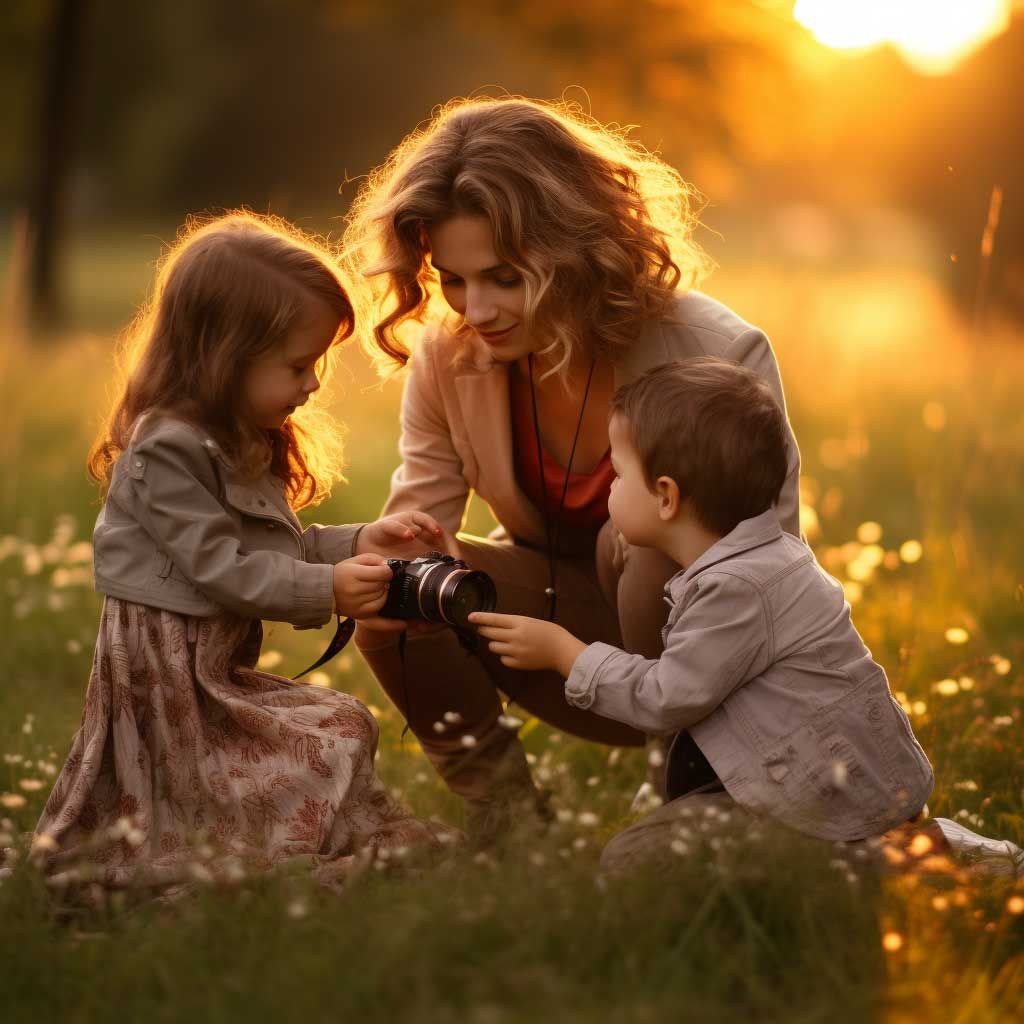 Female photographer working with small kids at a family photo shoot outside in a field at sunset.