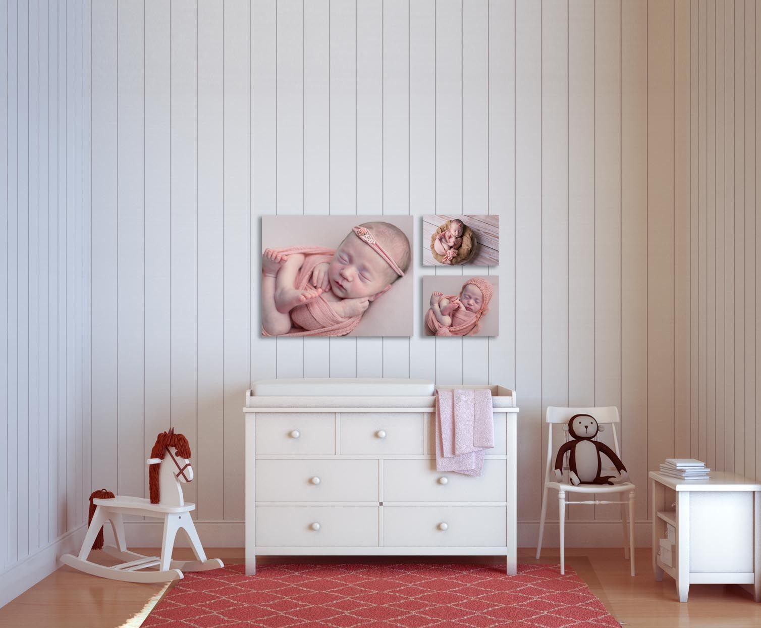 Glendale Newborn  girl nursery with a  collection of her newborn photos. White furniture and crib. 