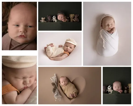 Newborn boy in knitted pants and matching bonnet. Taupe and cream colors.
