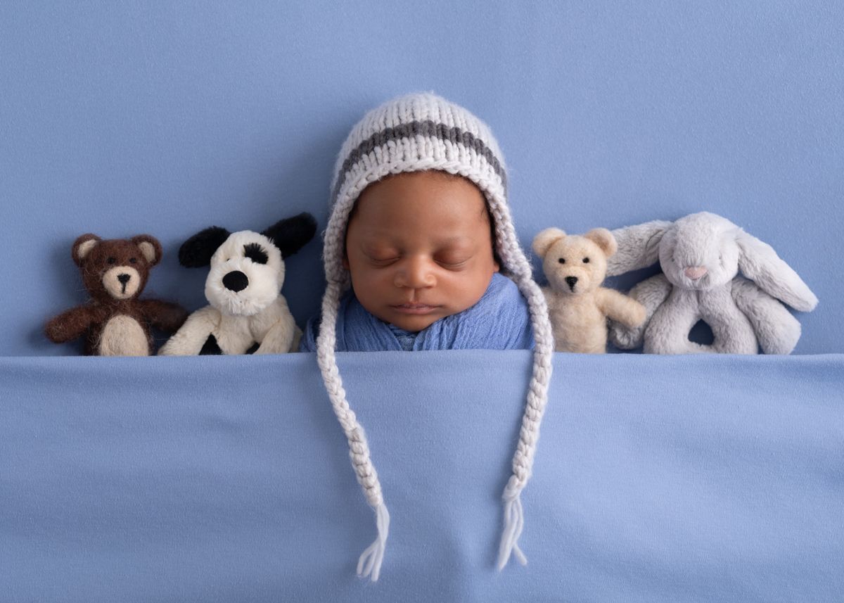 Baby newborn boy photo session tucked in with stuffies and knit hat. Blue theme