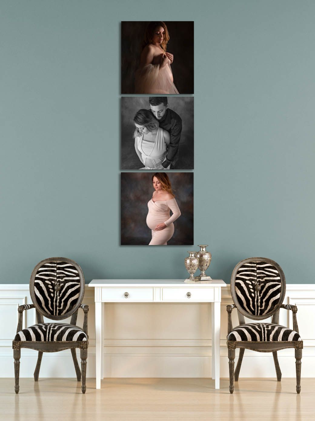 Wall display in a  Los Angeles modern home of 3 large pregnancy canvases 