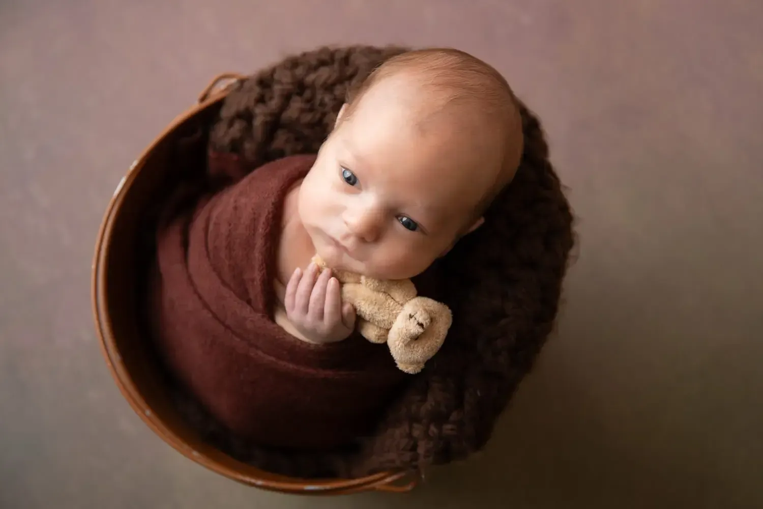 Awake newborn boy in bucket prop.