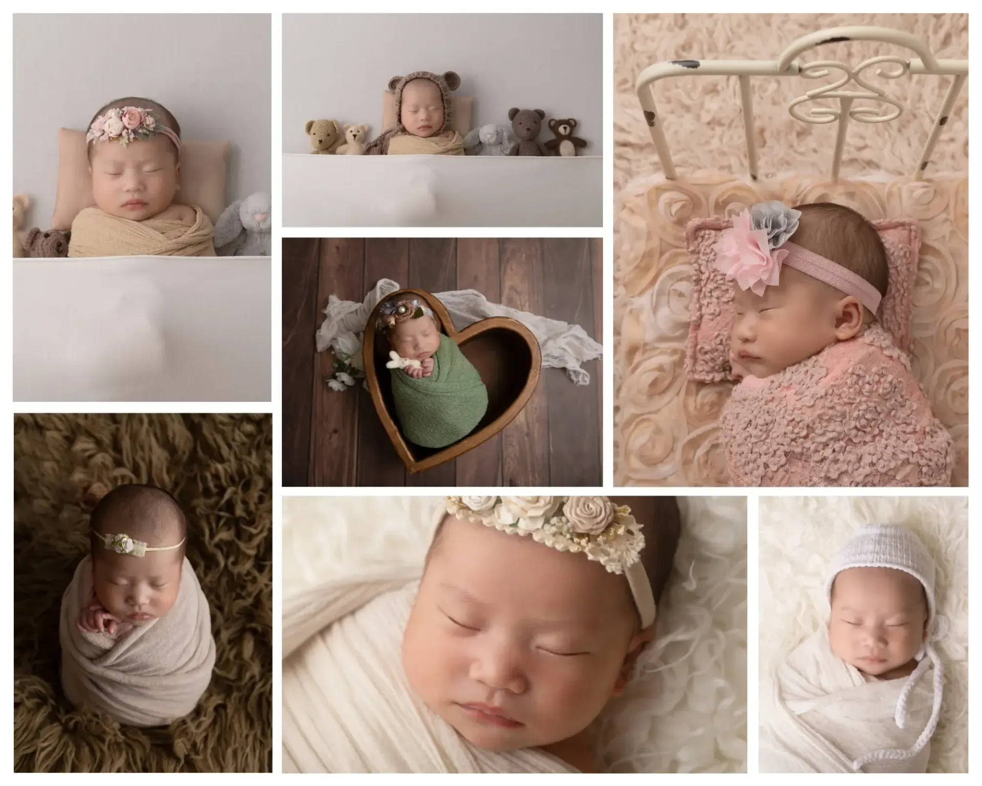 Newborn Girl various poses and props from her infant photo session.
