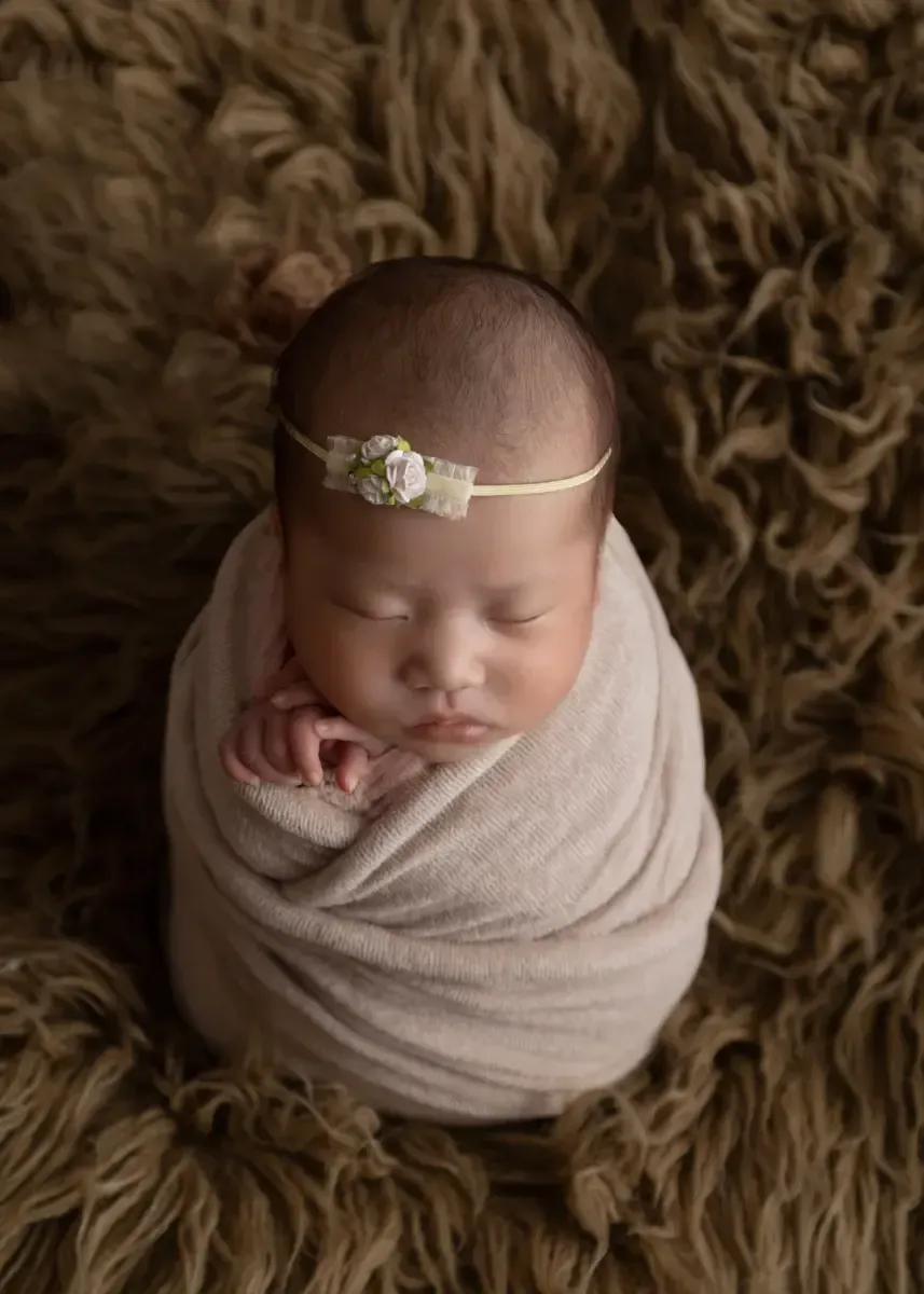 Newborn girl wrapped in taupe. Potato Sack Pose
